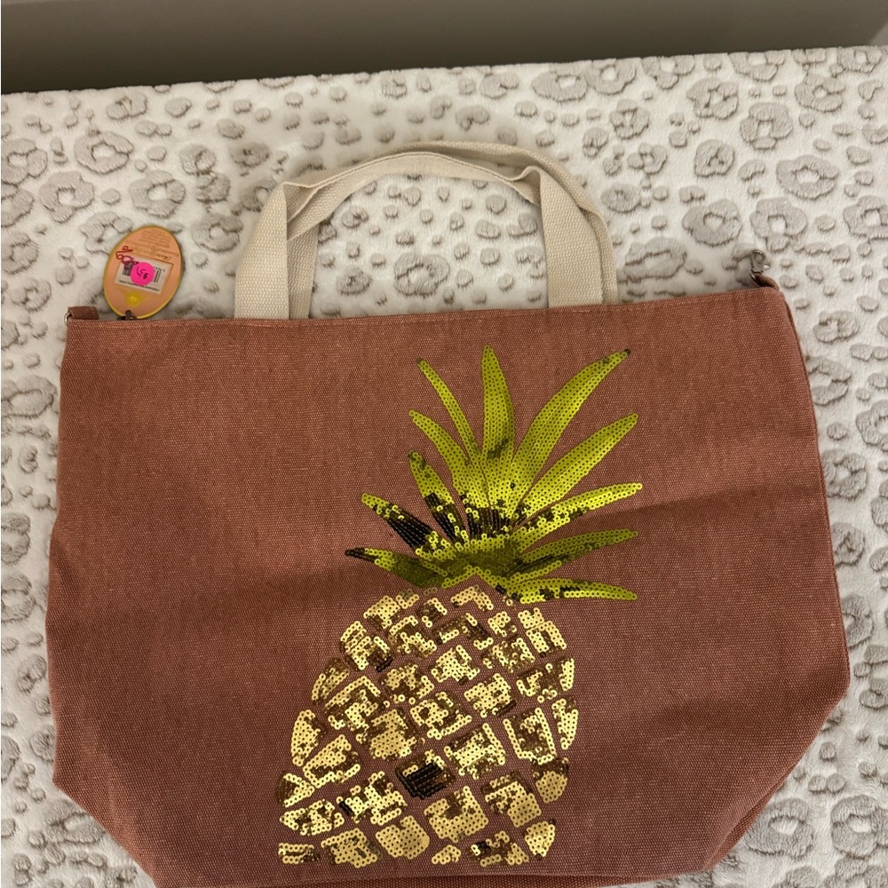 NWT Pink  Powder Tote Bag with Sequin Pineapple Design